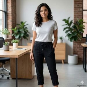 Democracy Womens High Rise Pants Sz M Black Drawstring Cuffed Hem Office Stretch